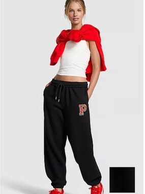 PINK Victoria's Secret Black Campus Fleece Sweatpants with Red 'P' Patch